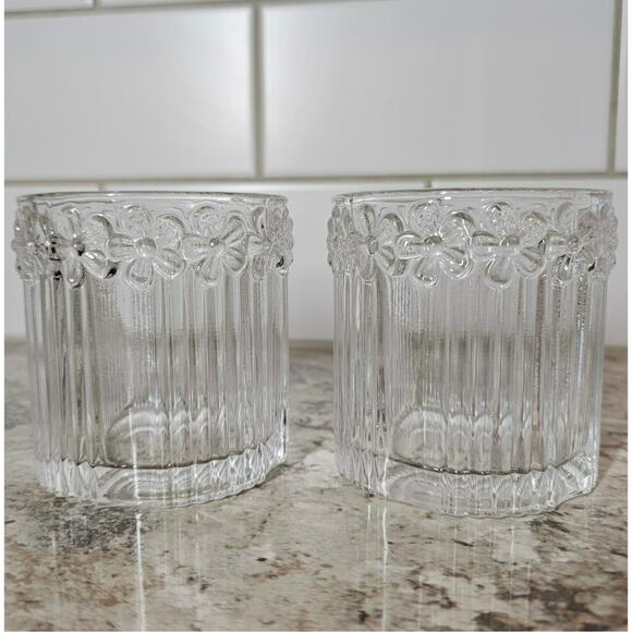 Daisy Flower Ribbed Stripe Texture Glasses Set of 2 Summer Drink Cups 9 oz - Picture 1 of 6